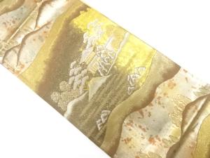 引箔　山並に寺院模様織り出し　袋帯